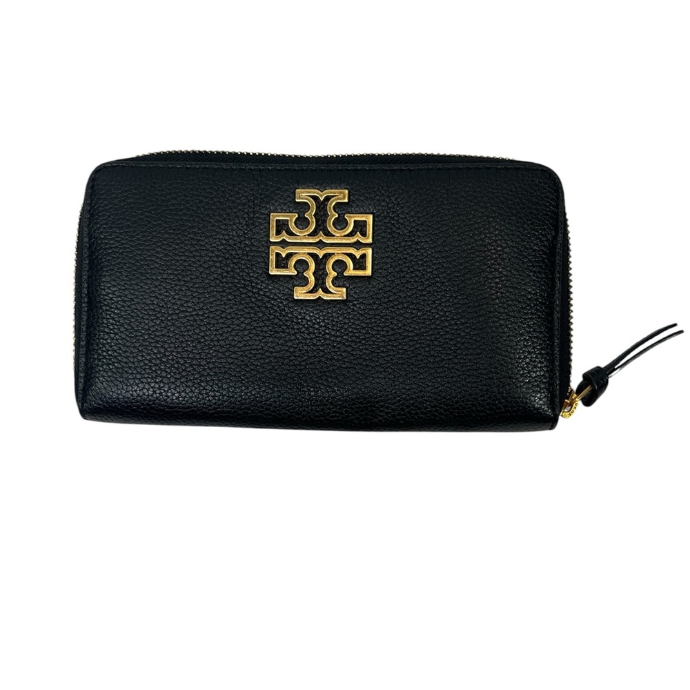 Tory Burch Black Leather Zip Wallet with Gold Emblem w/ Dust Bag